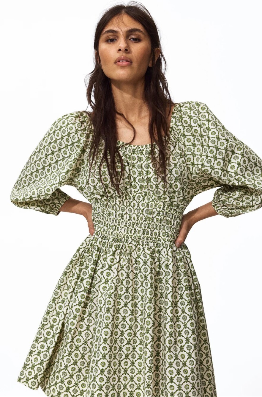 Smocked Square-Neck Mini Dress in Olive Geo Print